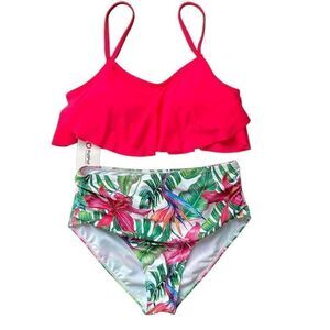 Patpat Womens Two Piece Swimsuit‎ Ruffle Bikini Top Tropical Print Large Pink